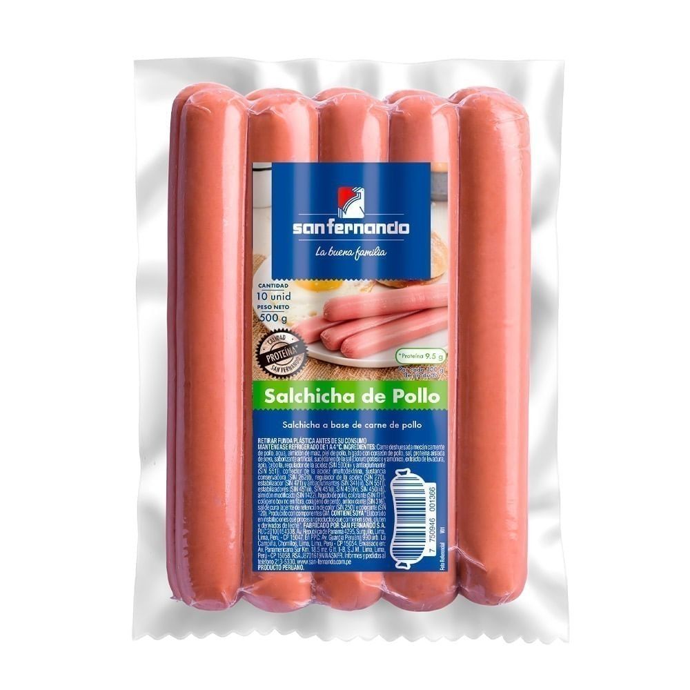 Salchicha de pollo San Fernando Paquete 500 g Compra Salchicha De Pollo San Fernando Paquete 500 G en Grillo Market Cajamarca